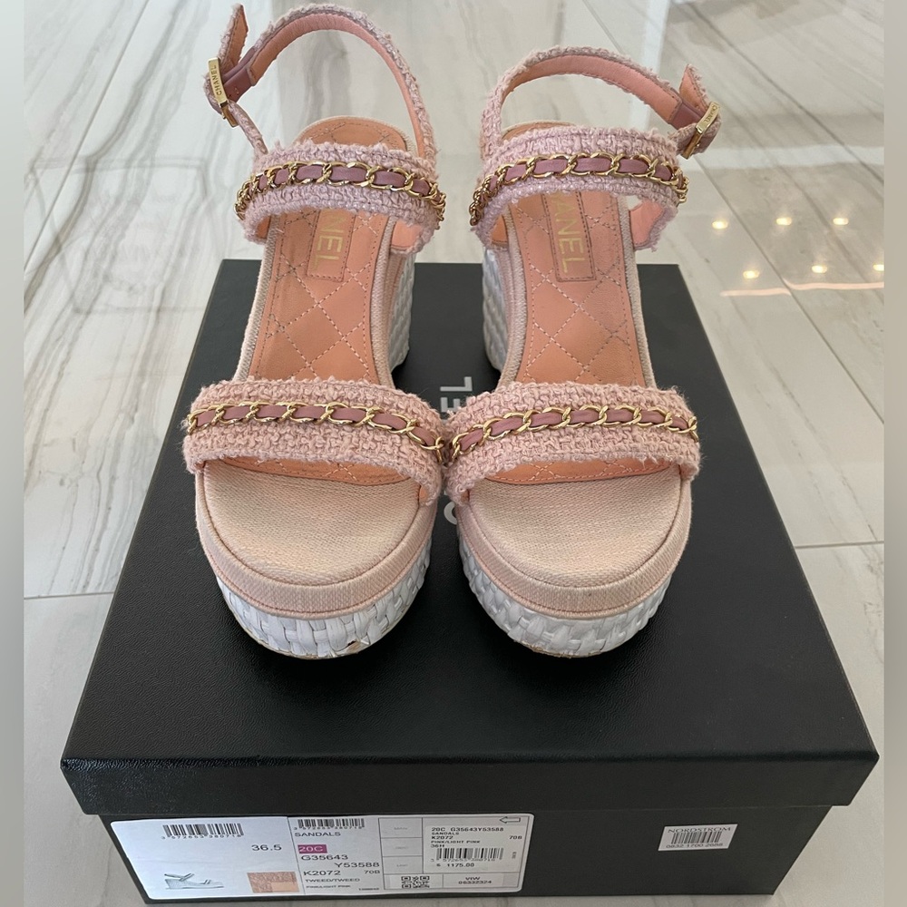 Chanel sandals pink tweed